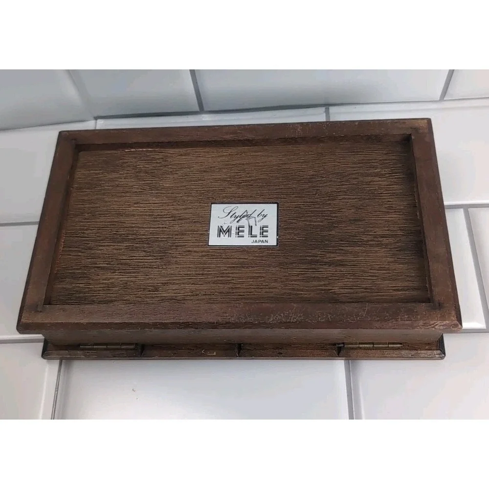 Vintage Wood Jewelry Box Hinged Lid Orange Interior 